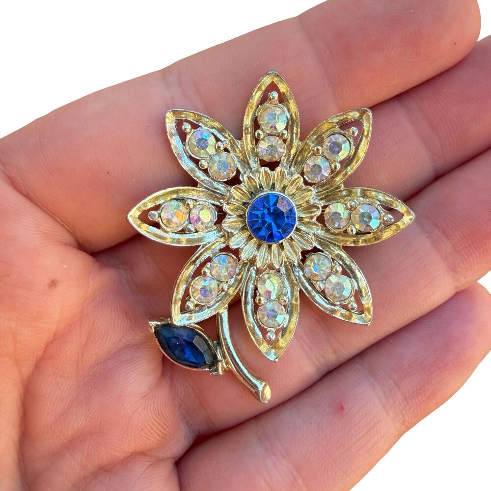 Vintage Jewelry Rhinestone Flower Brooch Daisy Pin